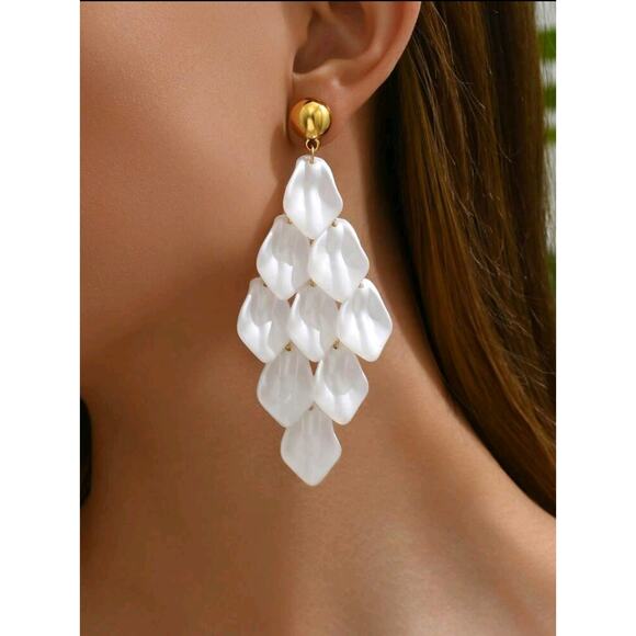White Geometric Tassel & Leaf Dangle Earrings for Women -Simple & Elegant Design - Picture 3 of 8